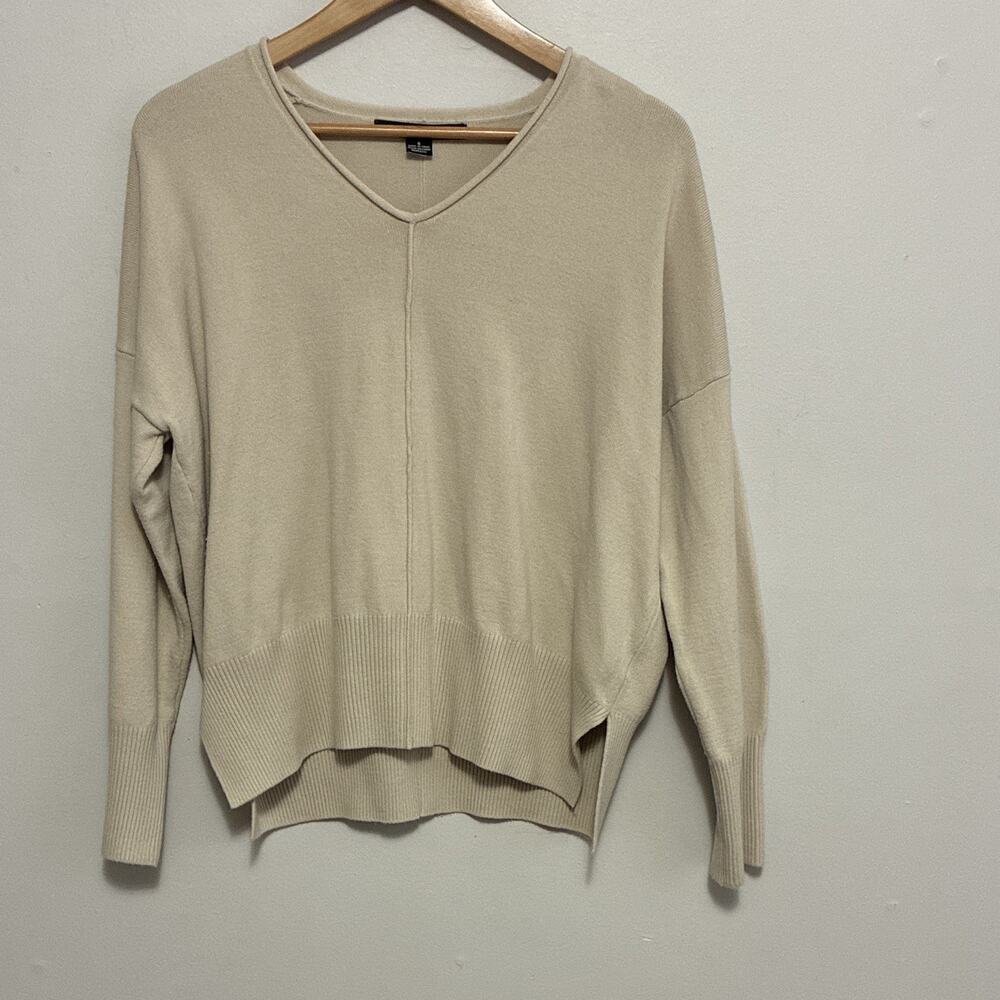 French Connection Women’s Beige Ribbed Knit V-Neck Relaxed Pullover Sweater S